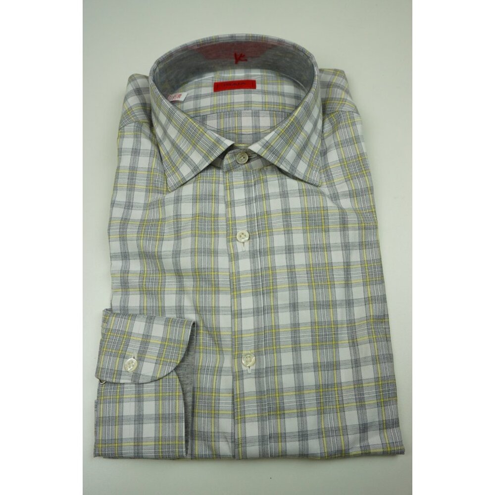 Isaia Lemon Stainless Steel Plaid Long Sleeve Cotton Dress Shirt 15.5/39 NEW
